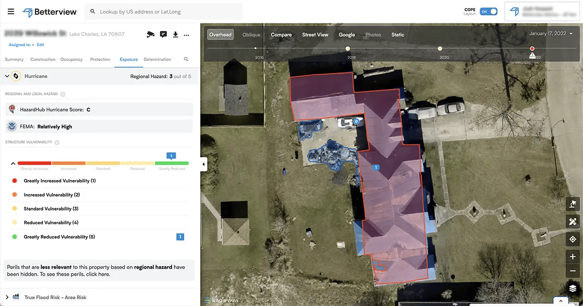 The Betterview user interface highlights hurricane risk insights.